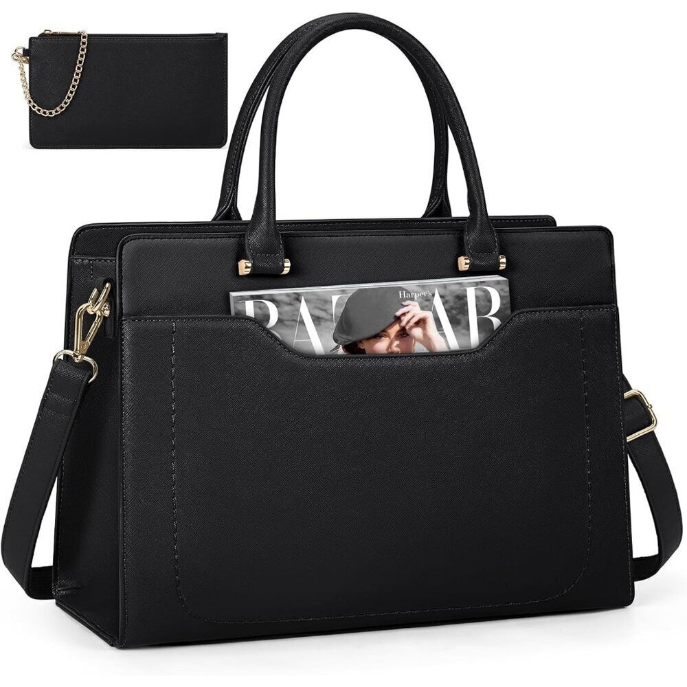 15.6" Leather Laptop Tote for Women, Waterproof Work & Business Shoulder Bag